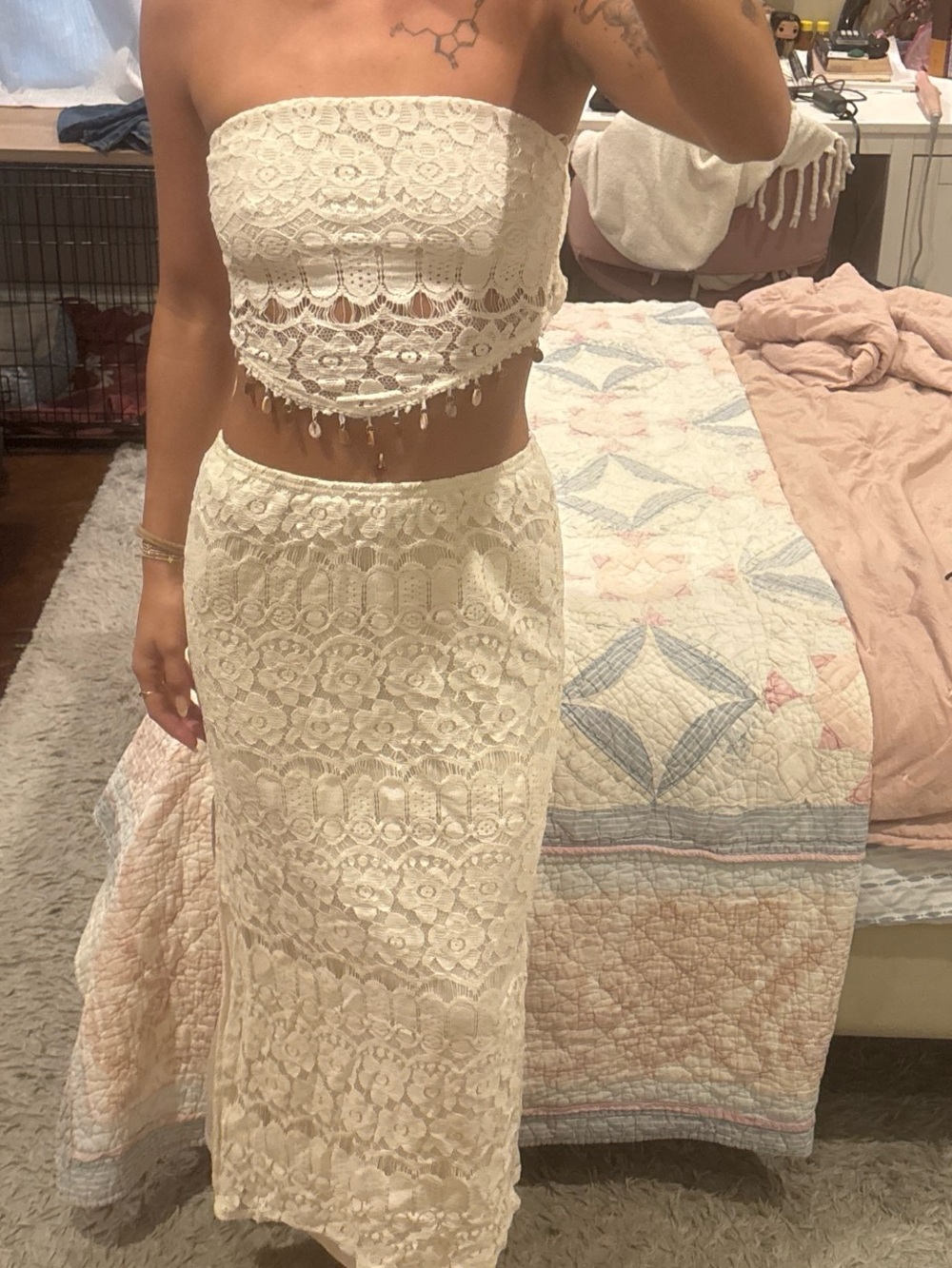 Cream Lace Midi Skirt - Crochet Overlay